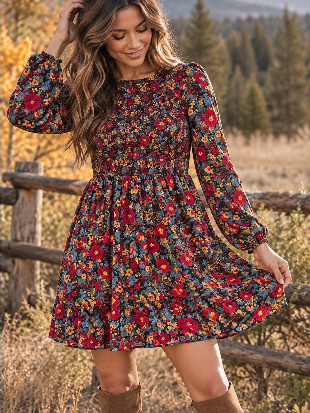 Isabel by Ingrid + Isabel XS Floral Smocked Long Sleeve Mini Dress
